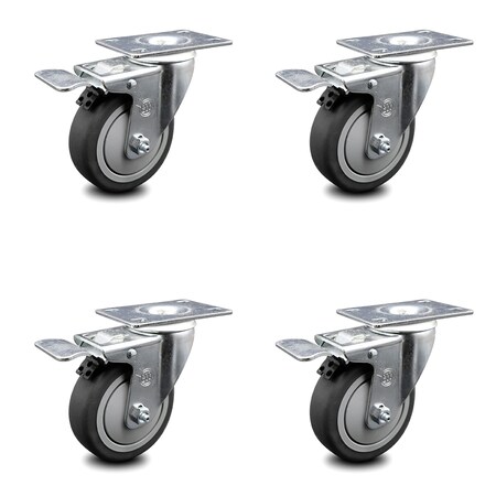 Service Caster 4 Inch Thermoplastic Rubber Swivel Top Plate Caster Set with Total Lock Brake SCC-TTL20S414-TPRB-4